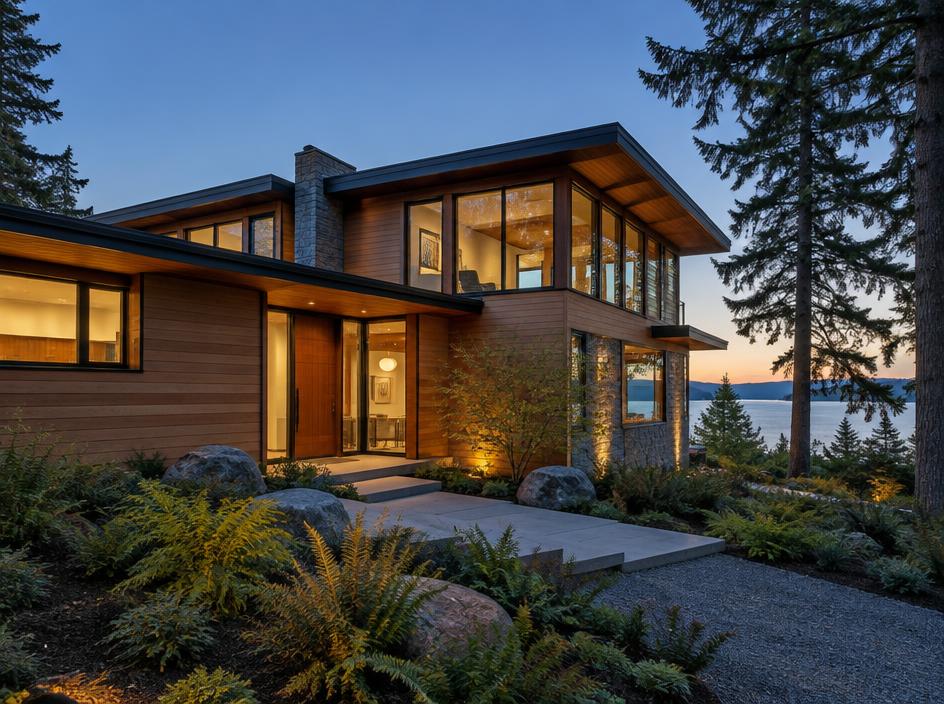 Illustrative contemporary home with warm windows at dusk