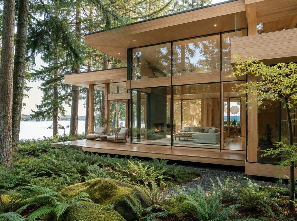 Illustrative cedar and glass home nestled among Pacific Northwest fir trees