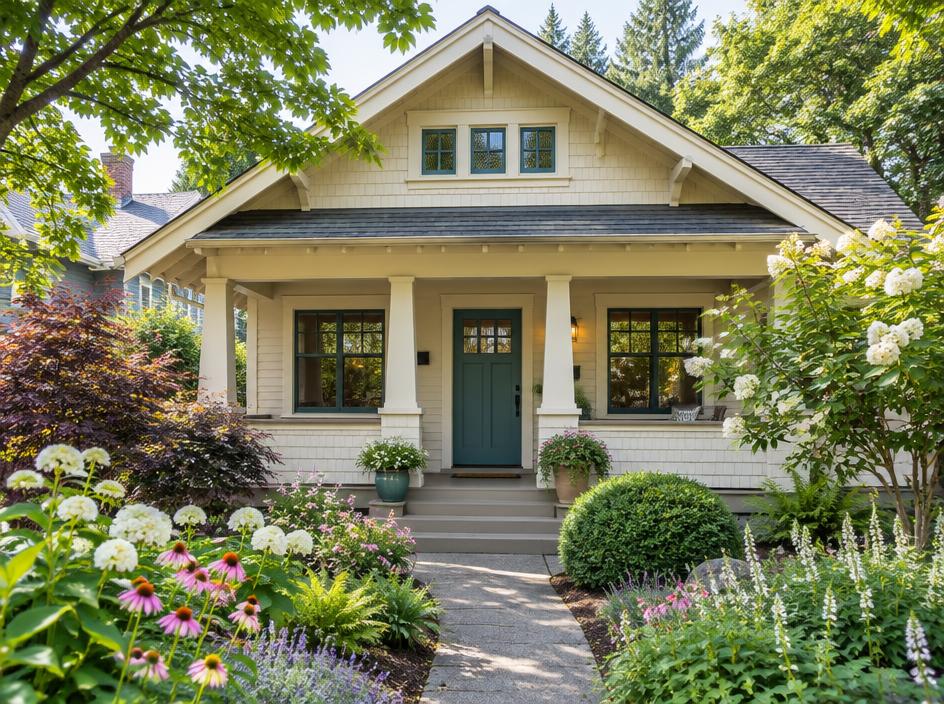 Illustrative craftsman bungalow with a garden and welcoming front porch
